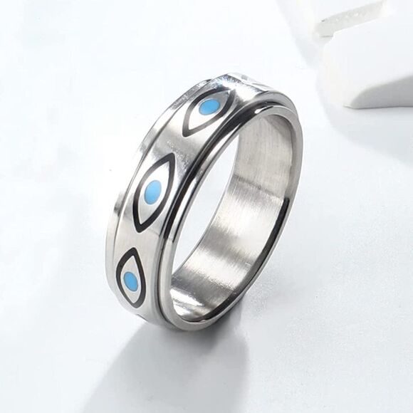 316L Stainless Silver & Blue Evil Eye Fidget Anxiety Stress Relieving Spin Ring - Picture 2 of 5